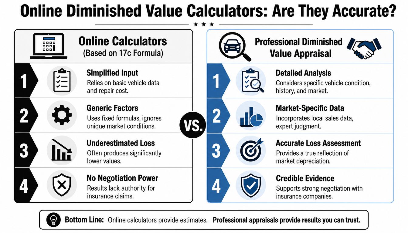 An infographic comparing online diminished value calculators with professional appraisals for vehicle insurance claims and market depreciation.