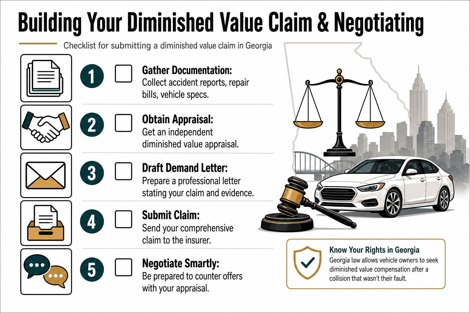 A checklist infographic detailing the five steps for filing a diminished value claim in Georgia.