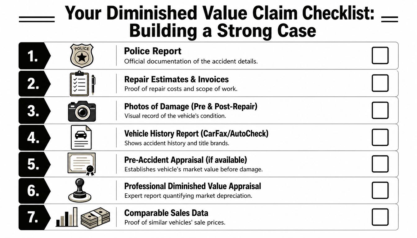 A checklist for a diminished value claim listing seven essential documents for building a strong case.