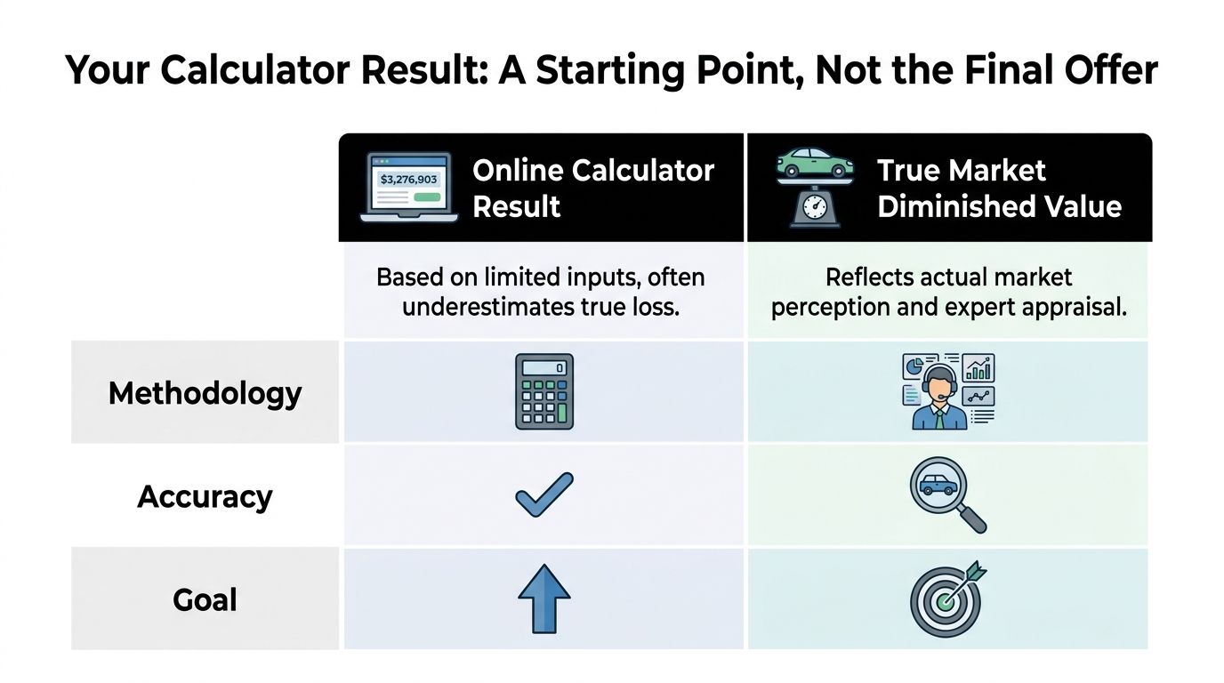 A comparison chart showing that an online diminished value calculator provides only a starting estimate.
