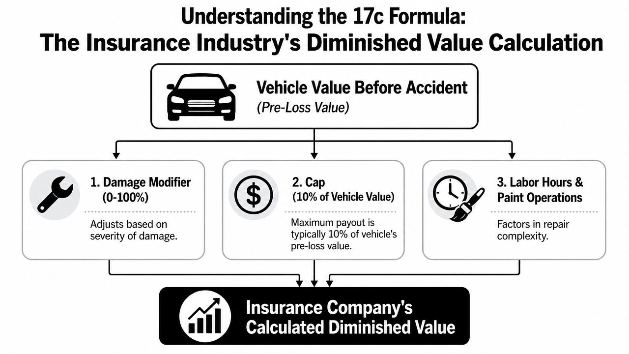 An infographic showing the 17c formula used by insurance companies to calculate a vehicle's diminished value.