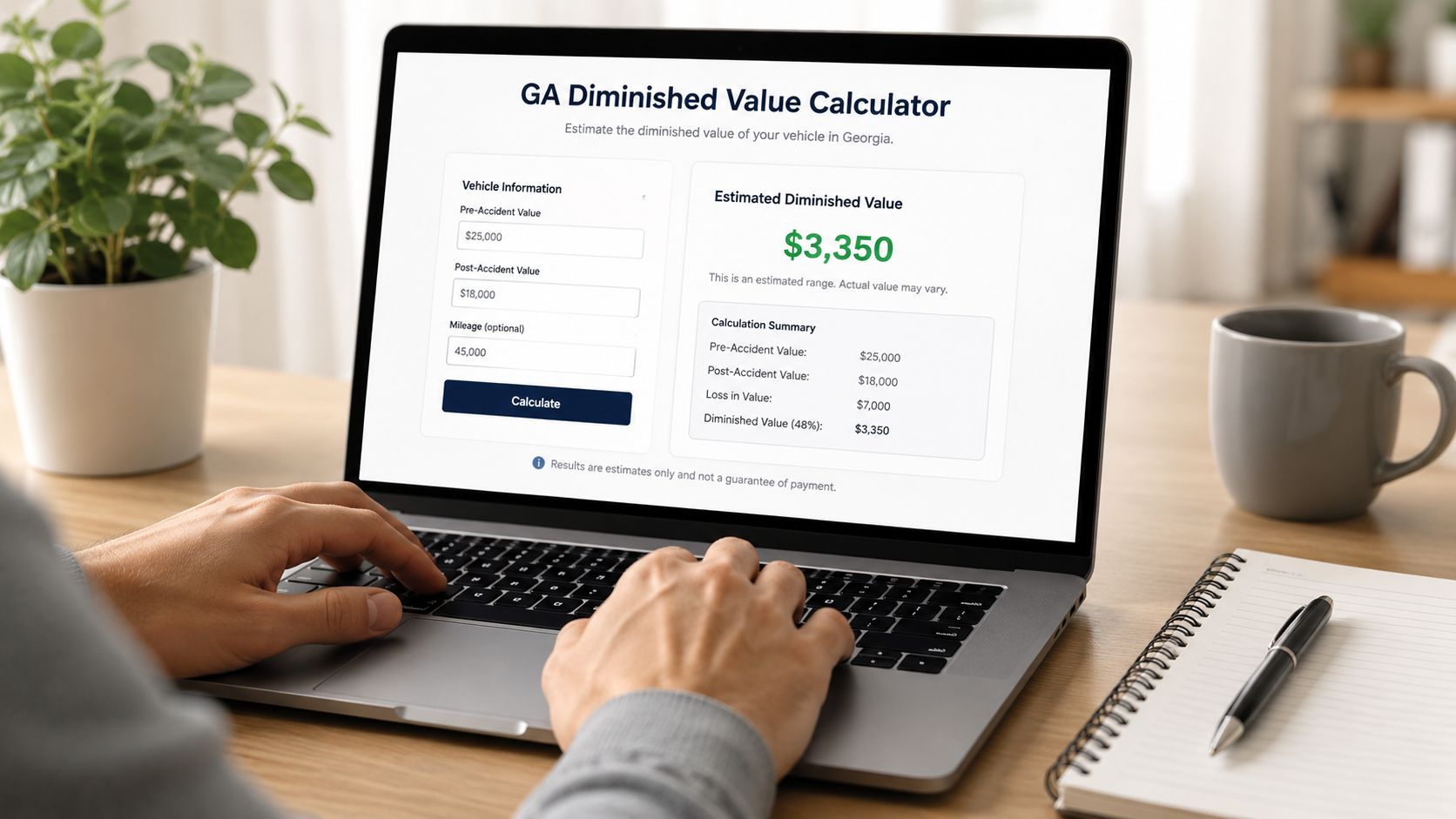 A person typing on a laptop screen displaying a Georgia diminished value calculator interface on a desk.