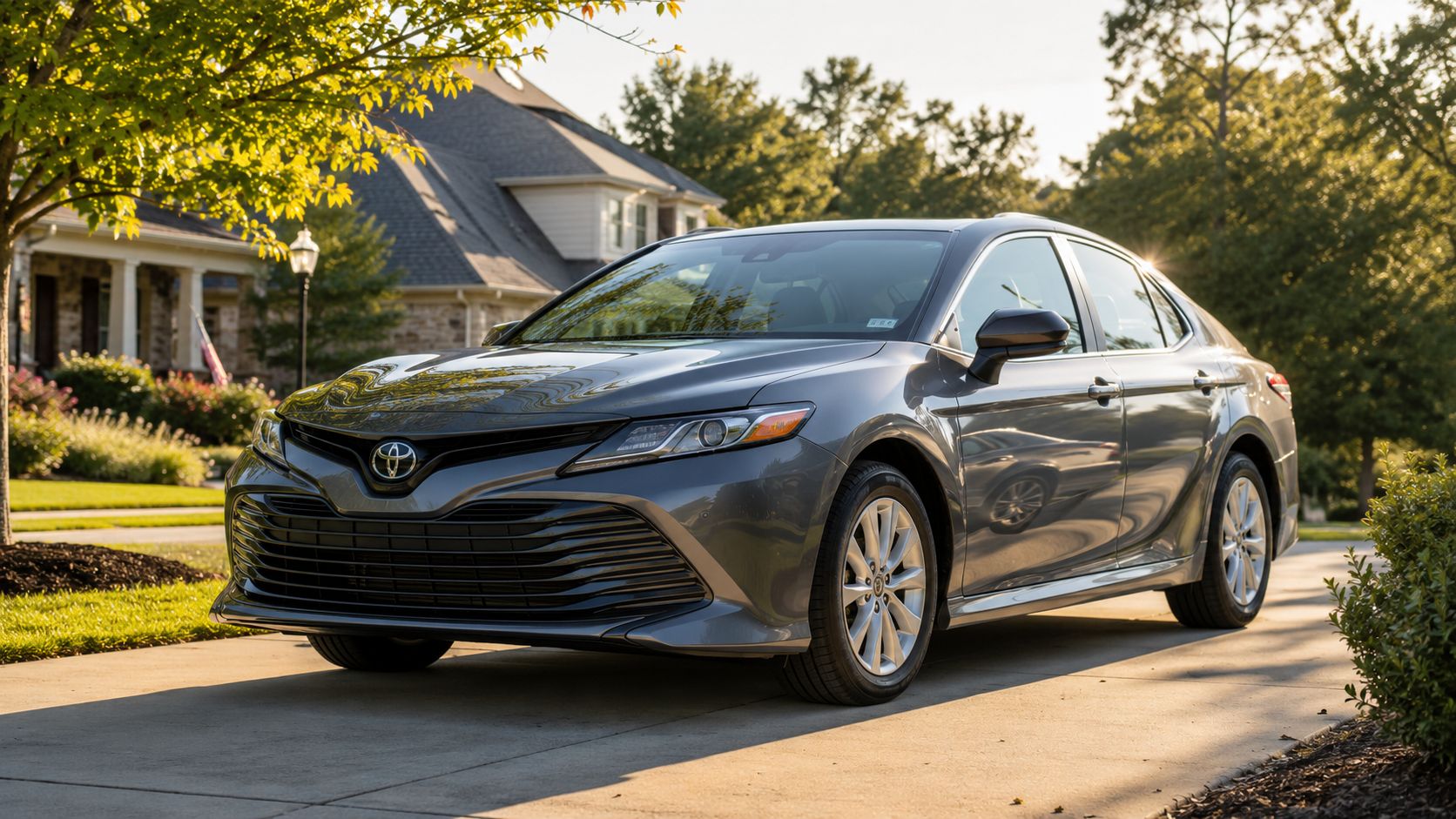 A modern grey Toyota Camry sedan parked on a driveway in front of a suburban house.