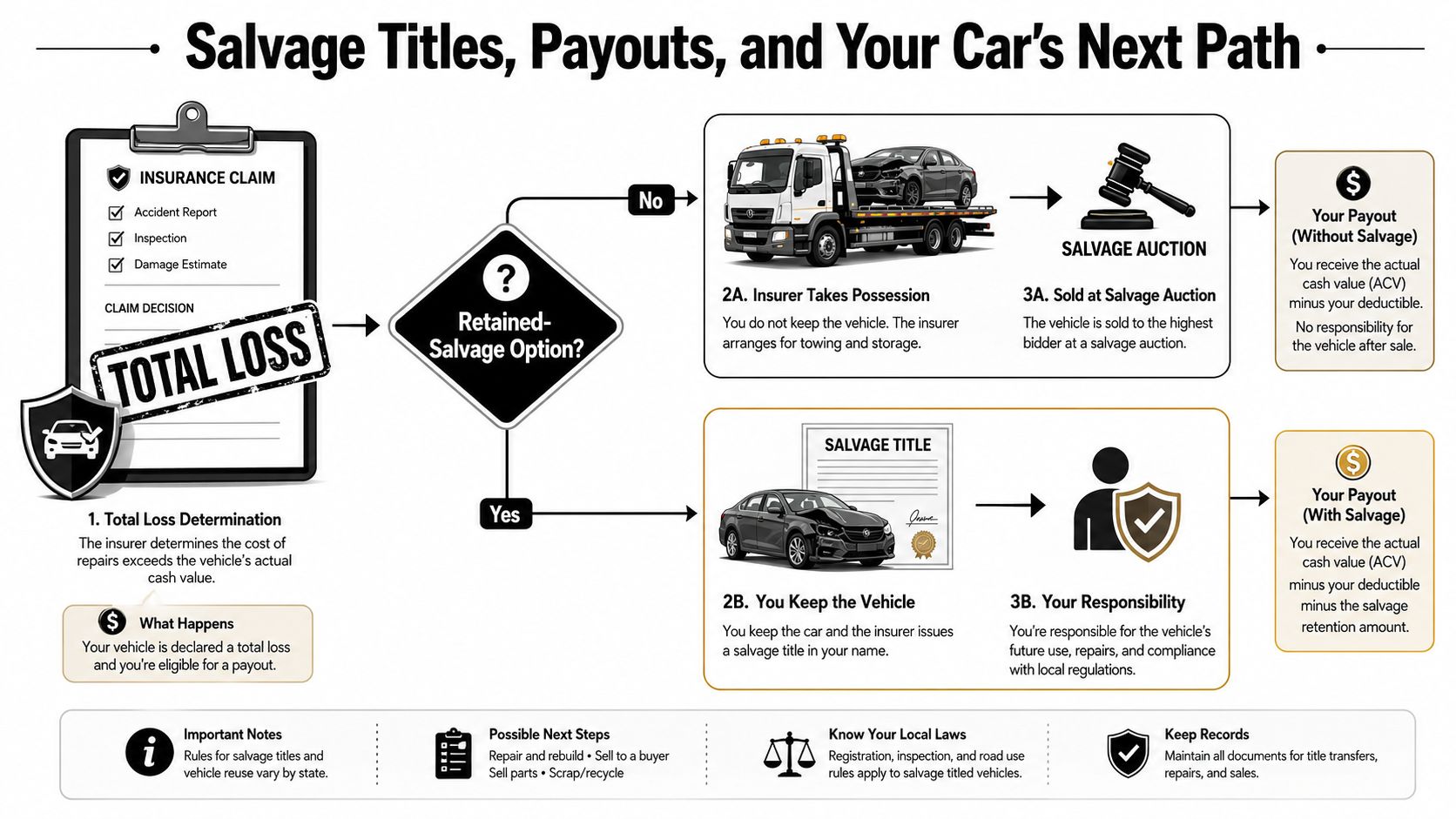 A flowchart explaining the insurance process, payout options, and responsibilities after a car is declared a total loss.