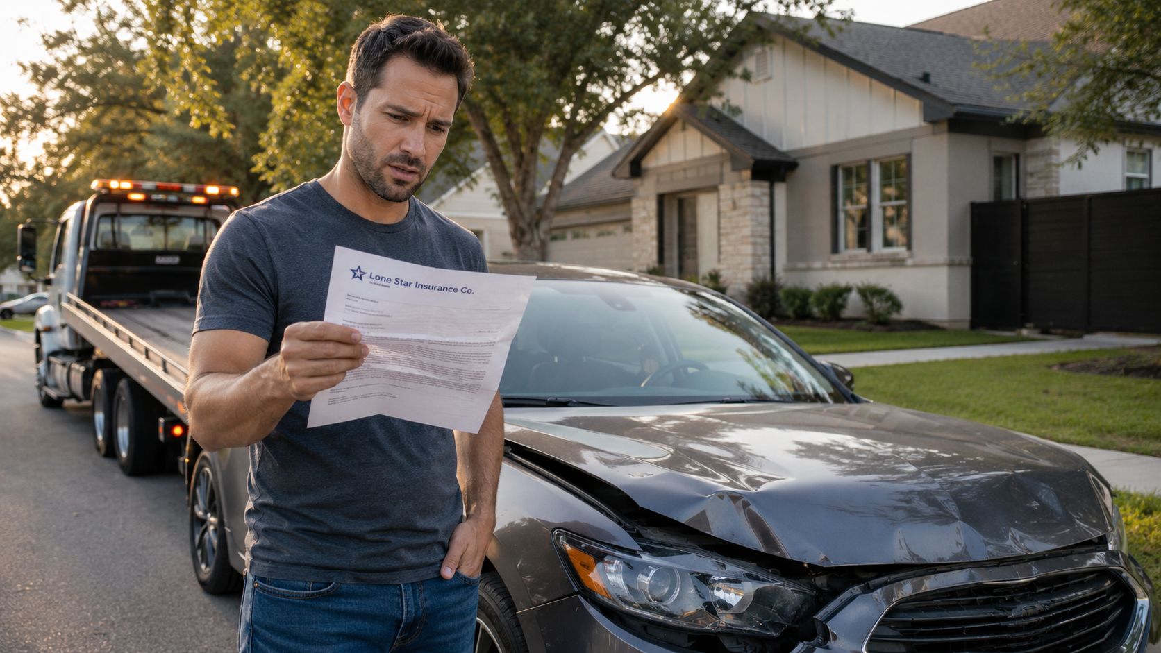 A concerned man reading a car insurance document while standing next to his damaged vehicle and a tow truck.