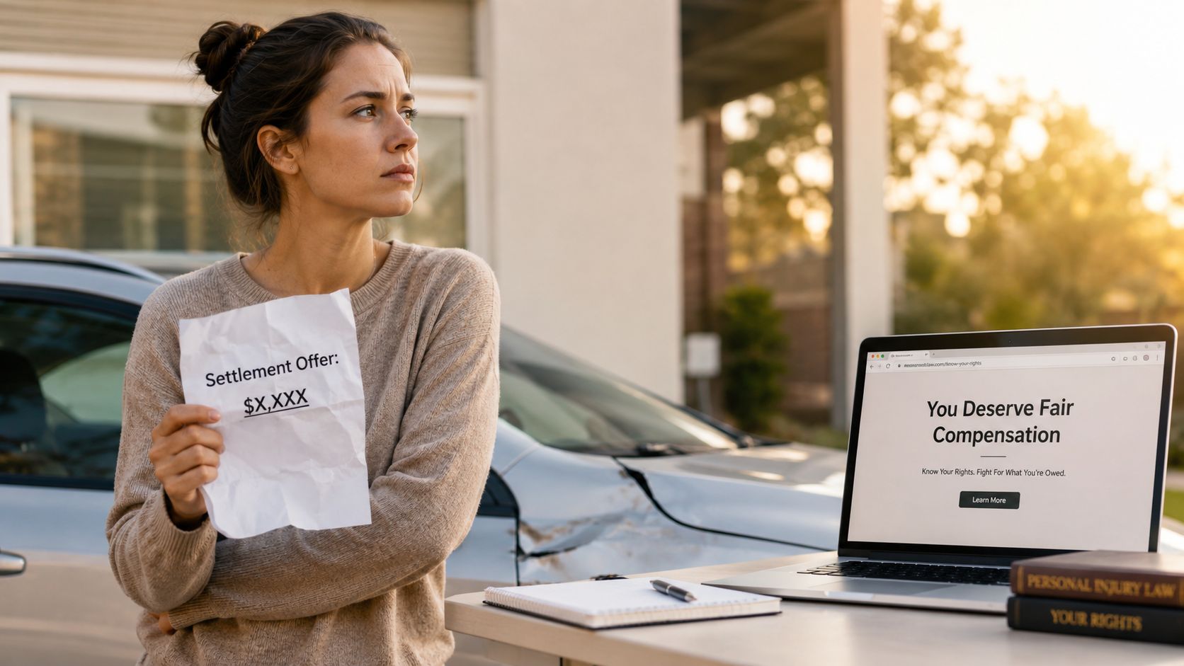A concerned woman holds a settlement offer paper next to a laptop displaying personal injury law information.