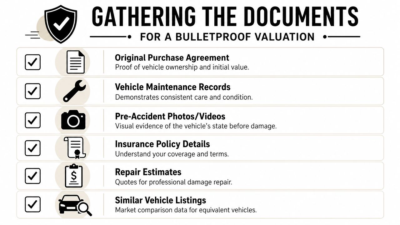 A checklist infographic outlining essential documents needed for a professional vehicle accident valuation report.