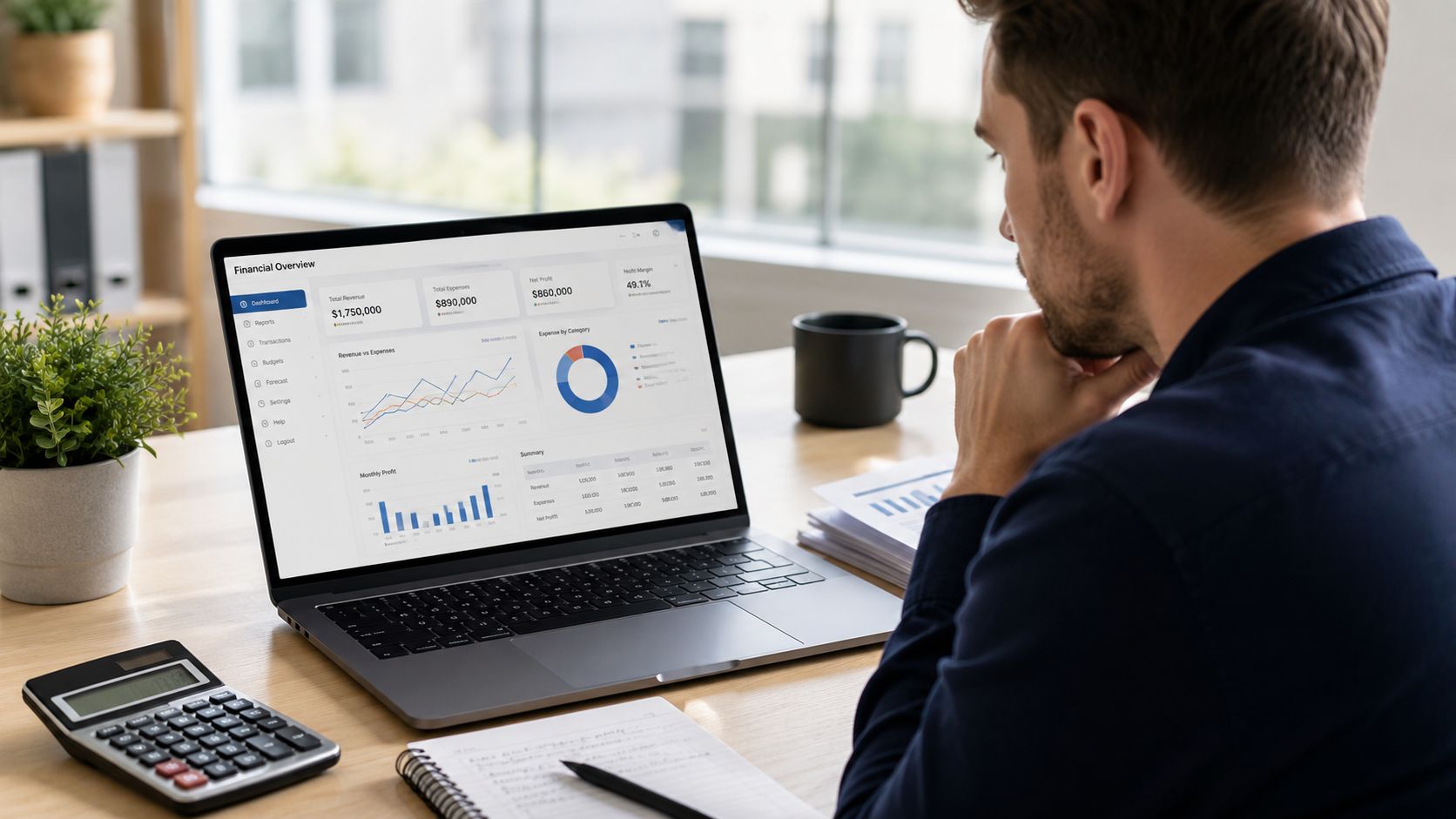 A professional analyzing financial data on a laptop screen while working in a bright office environment.