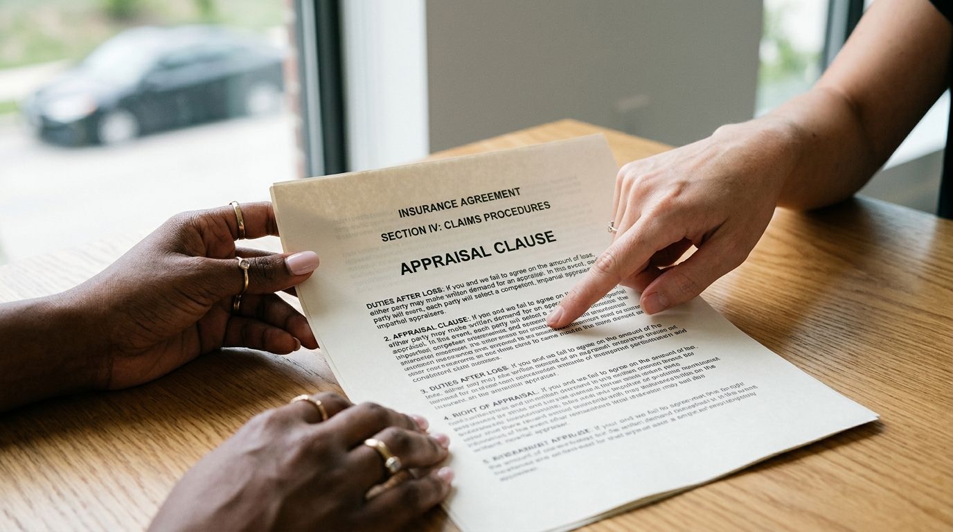 Two people reviewing an insurance agreement document together at a wooden table in an office setting.