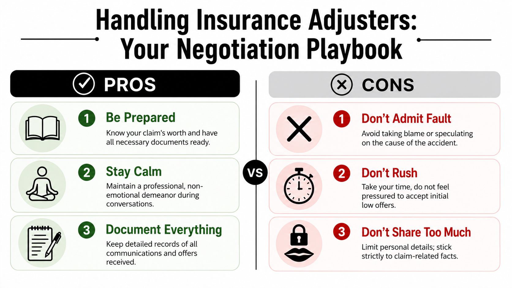 A negotiation playbook chart for handling insurance adjusters, detailing three professional pros and three cautionary cons.