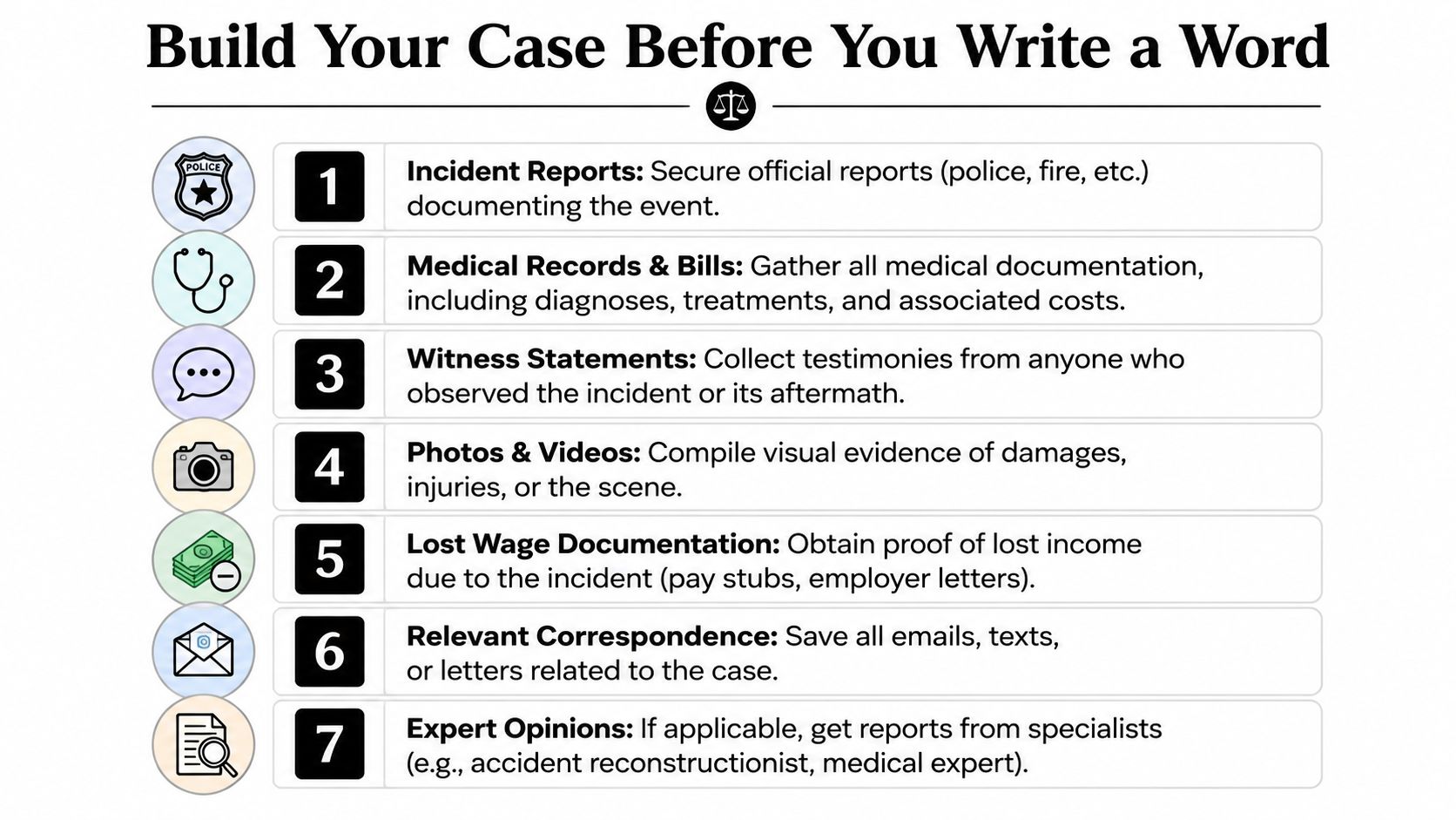 A seven-step infographic detailing how to build a legal case by gathering essential evidence and documentation.