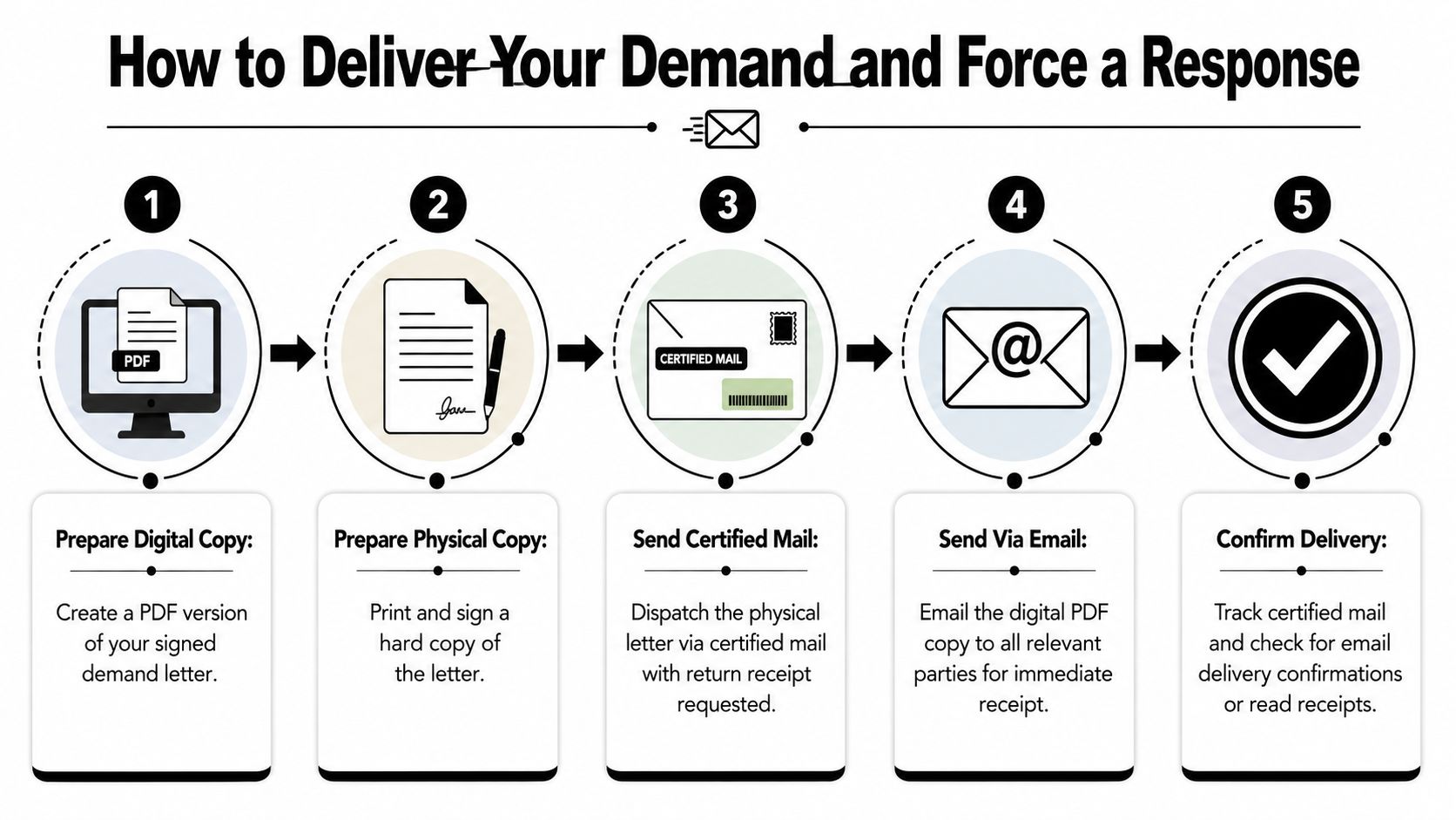A step-by-step infographic showing how to deliver a formal demand letter via mail and email.
