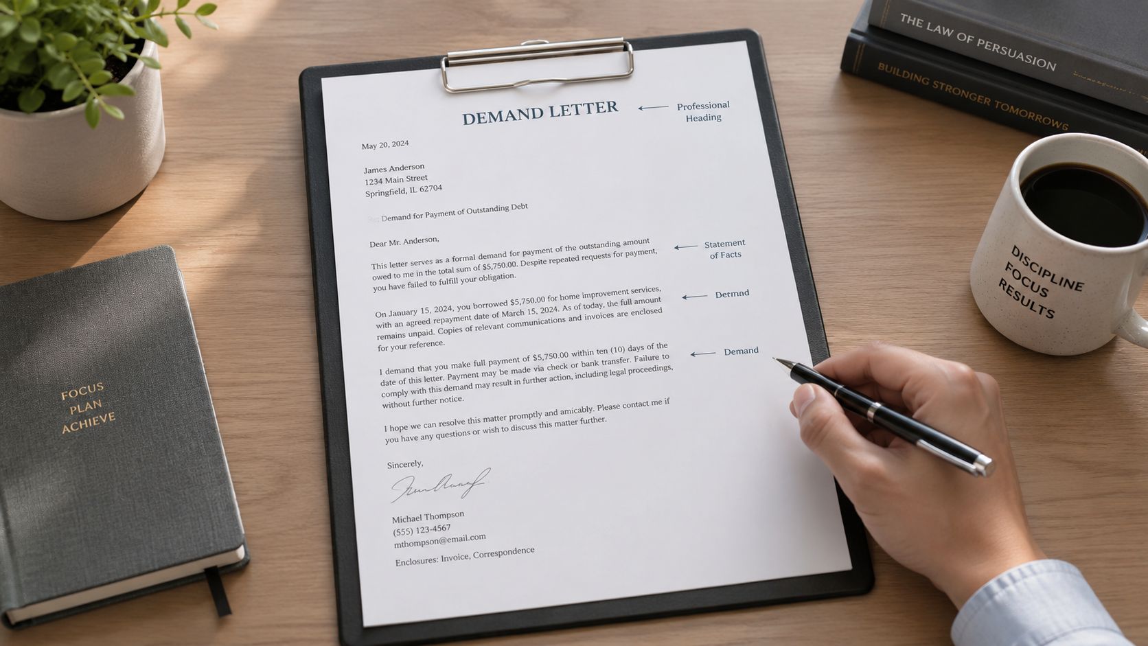 A person writing a formal demand letter on a clipboard at an office desk with a coffee mug.