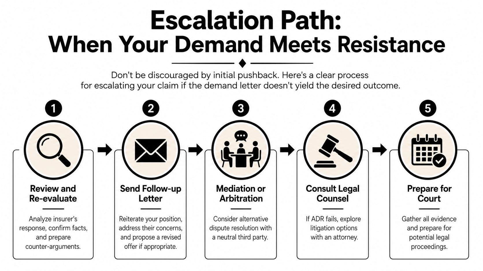 A five-step infographic showing the process for escalating an insurance claim when facing resistance.
