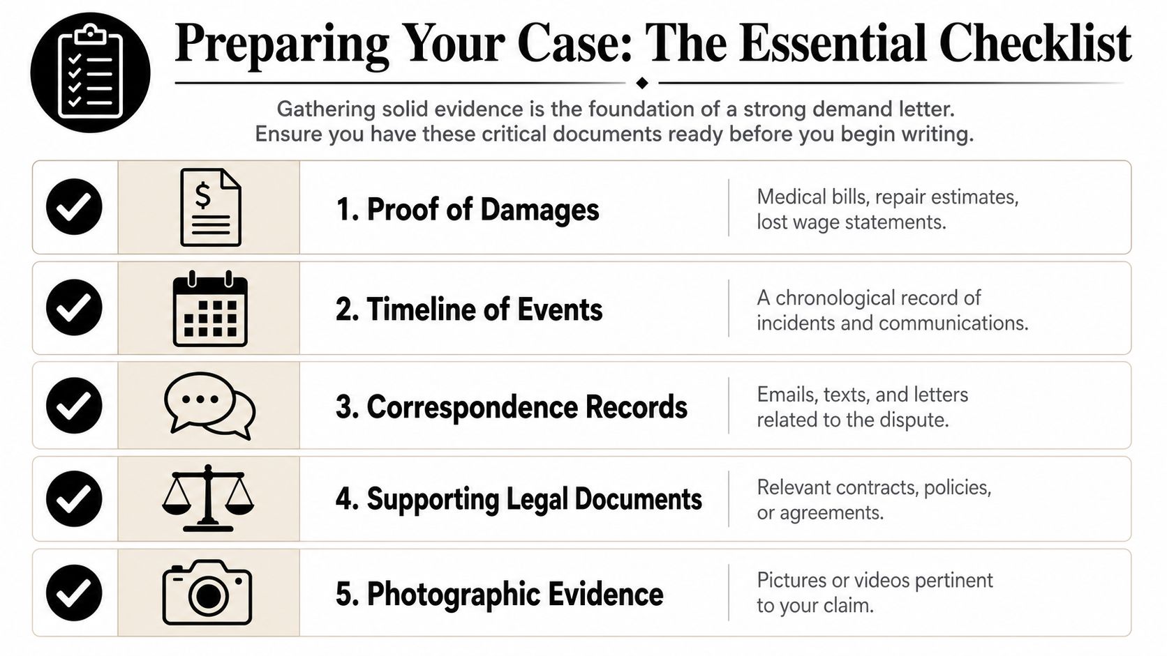 A checklist infographic titled Preparing Your Case showing five essential evidence items for writing a demand letter.