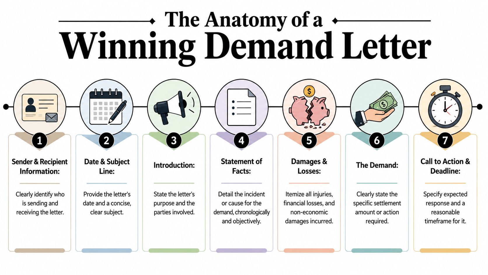 An infographic titled The Anatomy of a Winning Demand Letter with seven numbered steps for writing.