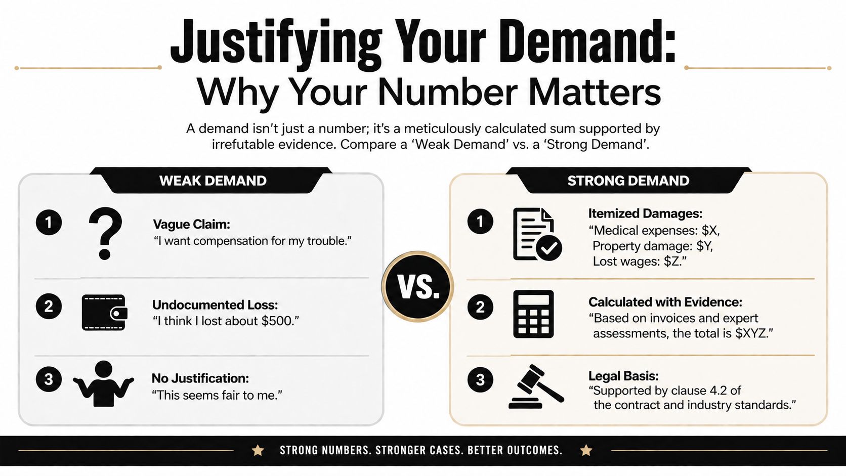 A comparison infographic showing the difference between a weak legal demand and a strong, evidence-based demand.