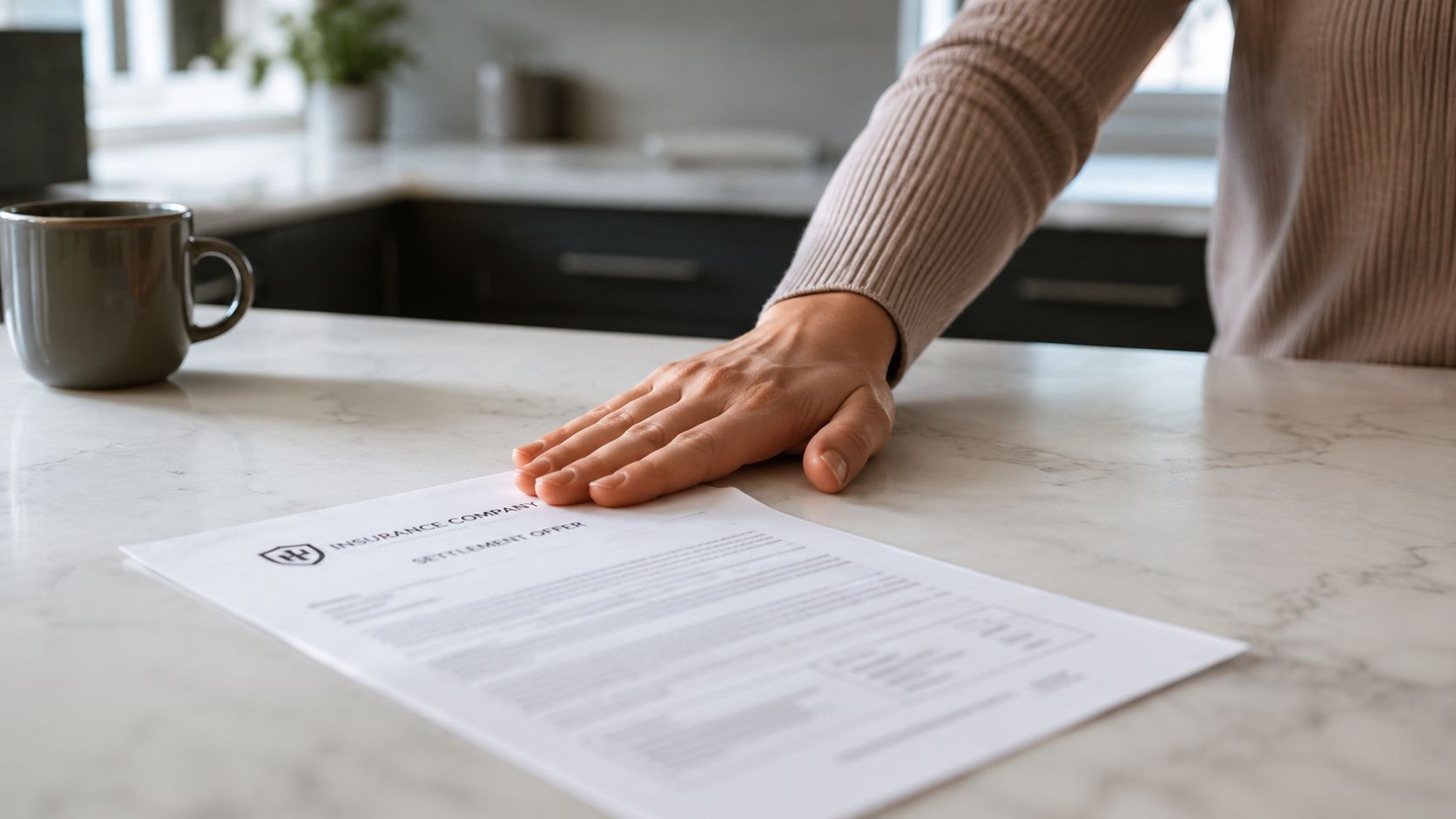 A person placing their hand on an insurance company settlement offer document on a marble countertop.