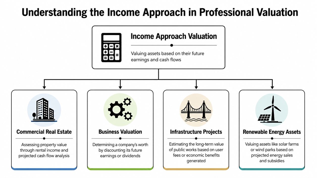 A diagram illustrating the income approach valuation method applied to real estate, businesses, infrastructure, and renewable energy.