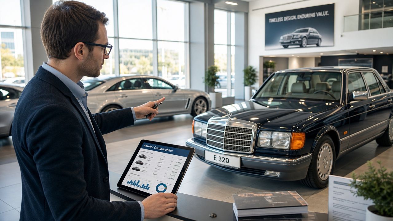A professional man showing data on a tablet in a car dealership with luxury vehicles in the background.