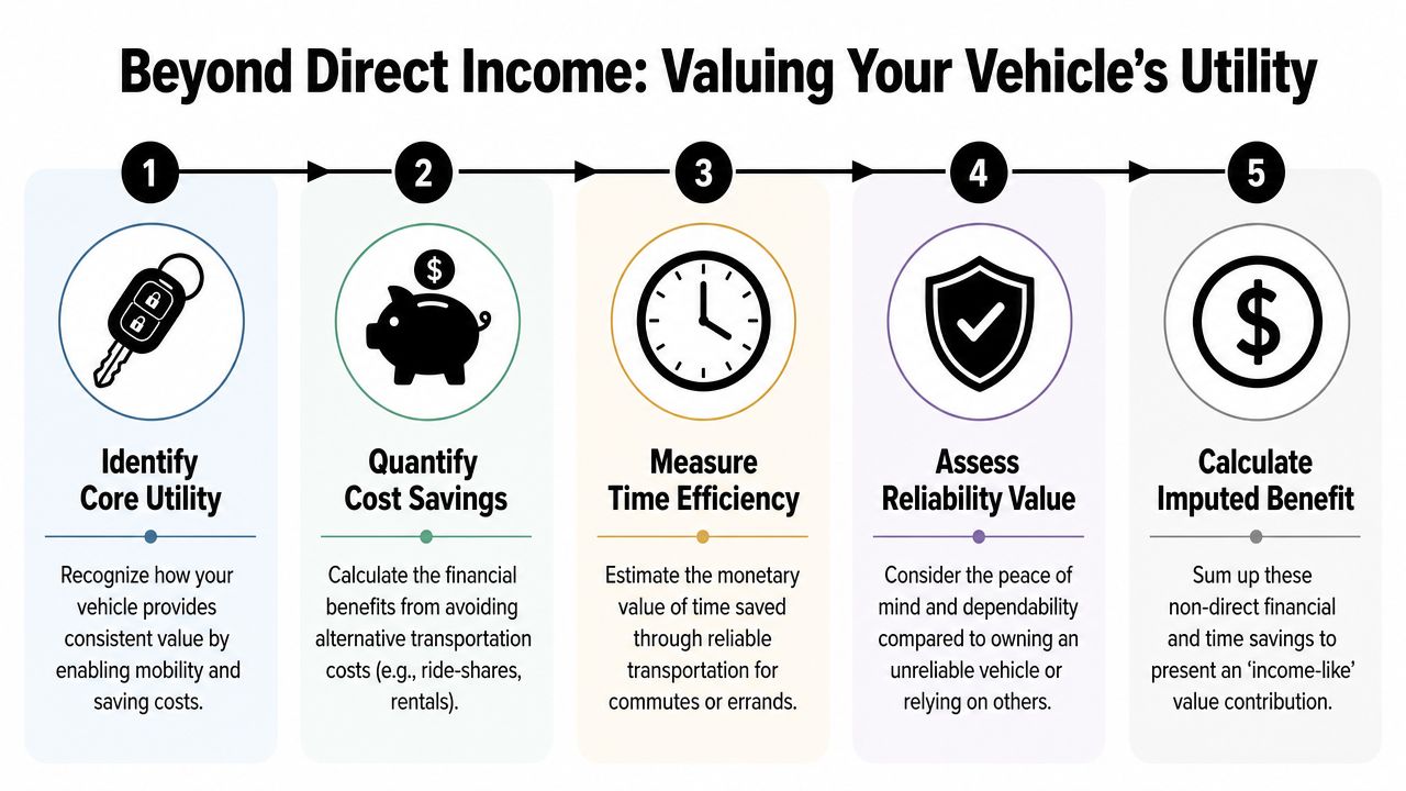 A five-step infographic showing how to calculate the non-monetary value and utility of personal vehicle ownership.