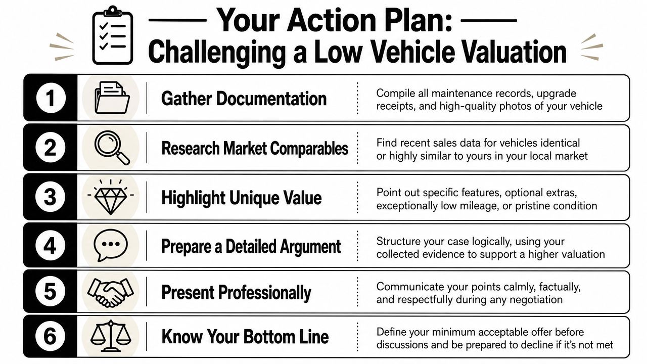 A six-step infographic on how to challenge and dispute an unfairly low vehicle insurance valuation.