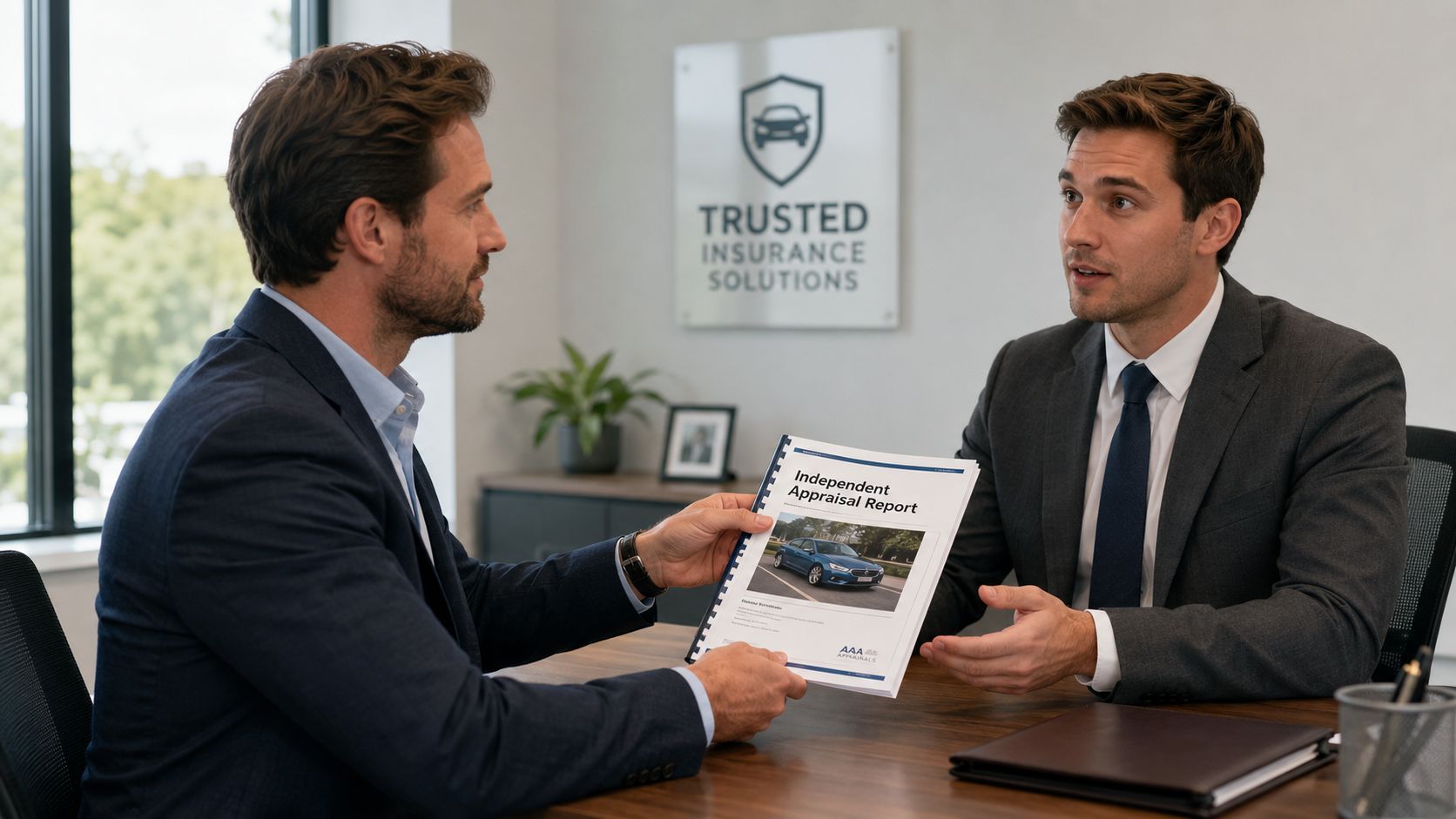 Two professionals in business suits discussing an independent auto appraisal report in a modern office setting.