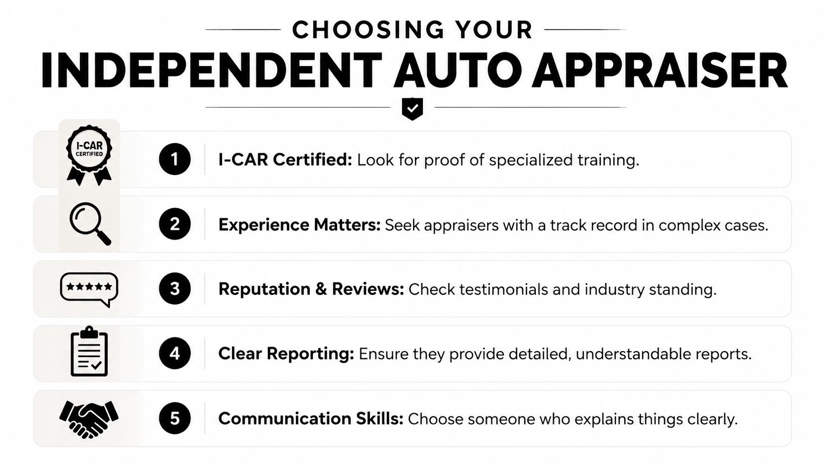 An infographic titled Choosing Your Independent Auto Appraiser listing five essential tips for hiring professional car appraisers.