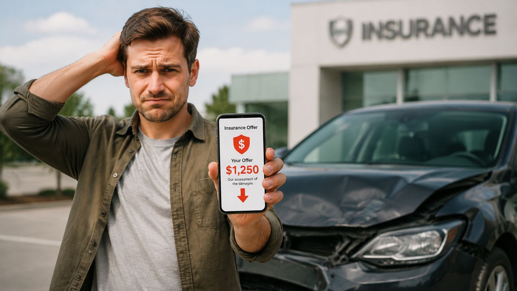A frustrated man shows a low insurance payout offer on his smartphone in front of a damaged car.