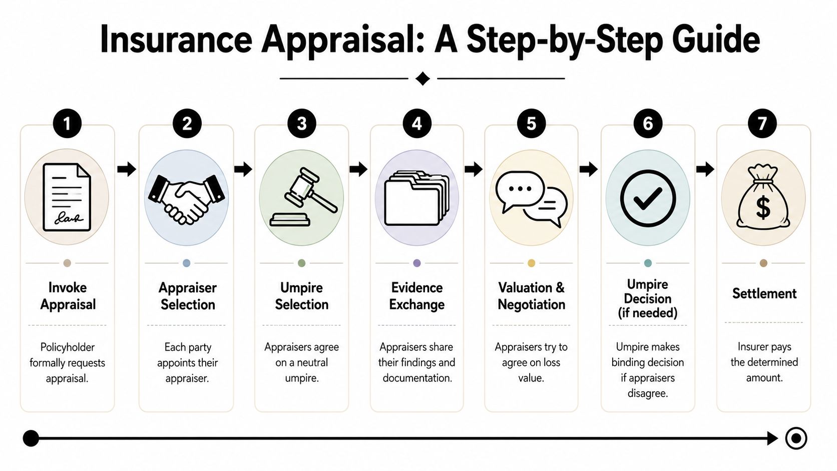 A step-by-step infographic illustrating the seven-stage insurance appraisal process, from initial request to final financial settlement.