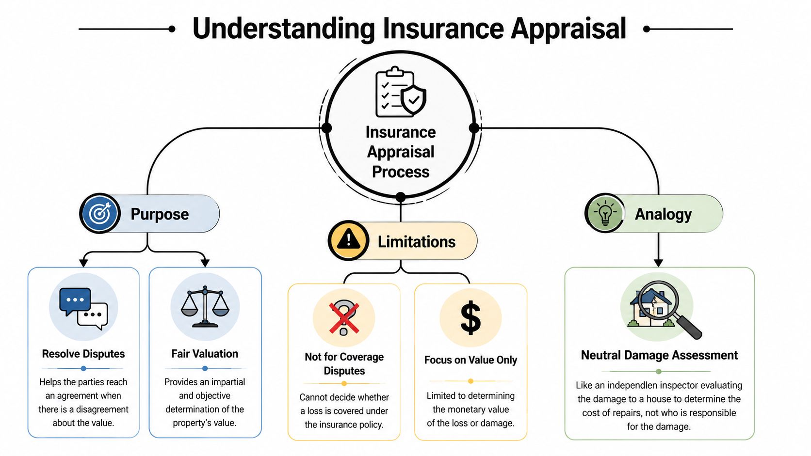 A diagram outlining the insurance appraisal process, highlighting its purpose, limitations, and a helpful analogy.