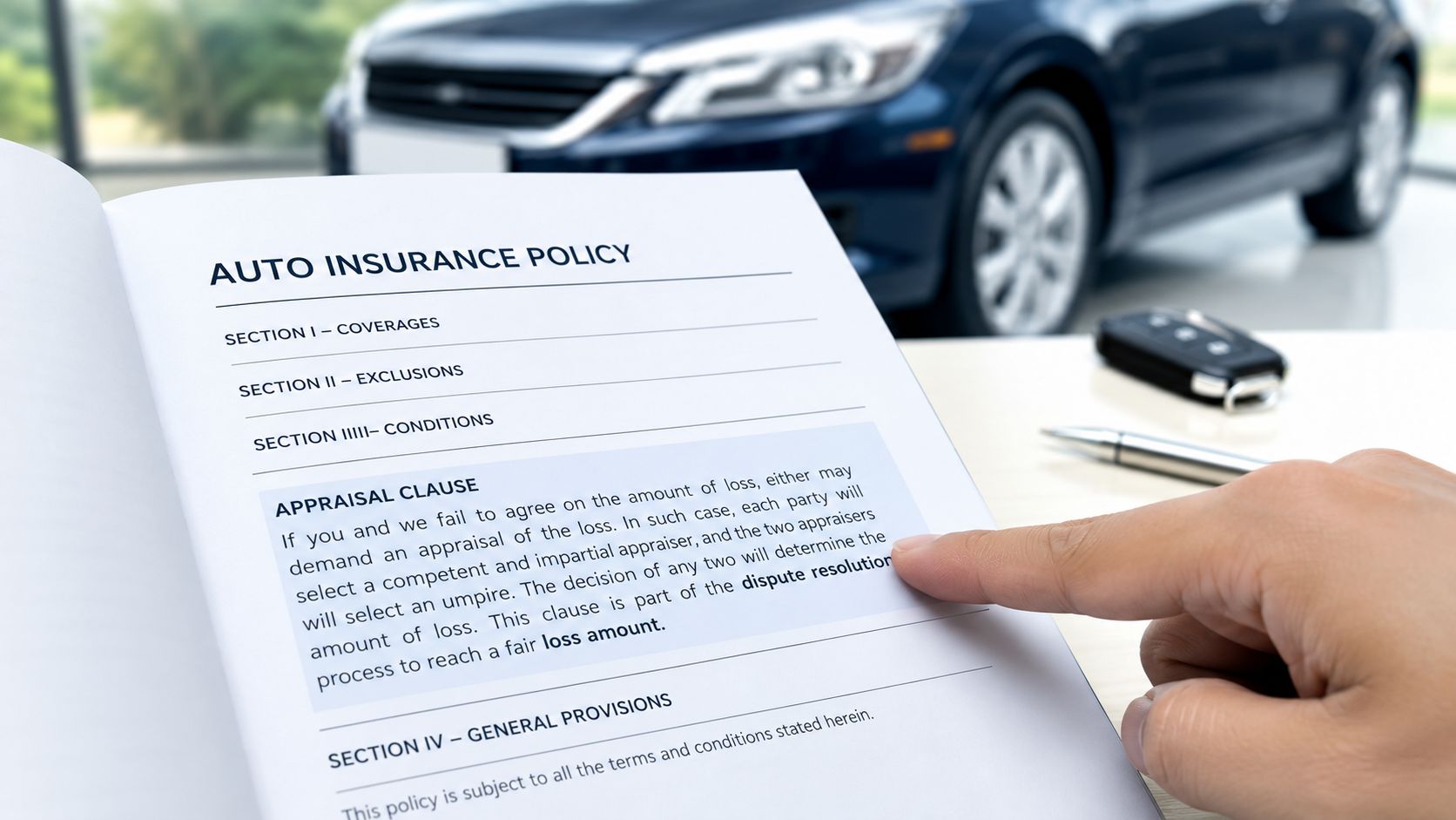 A close up view of a person pointing to an appraisal clause inside an auto insurance policy booklet.