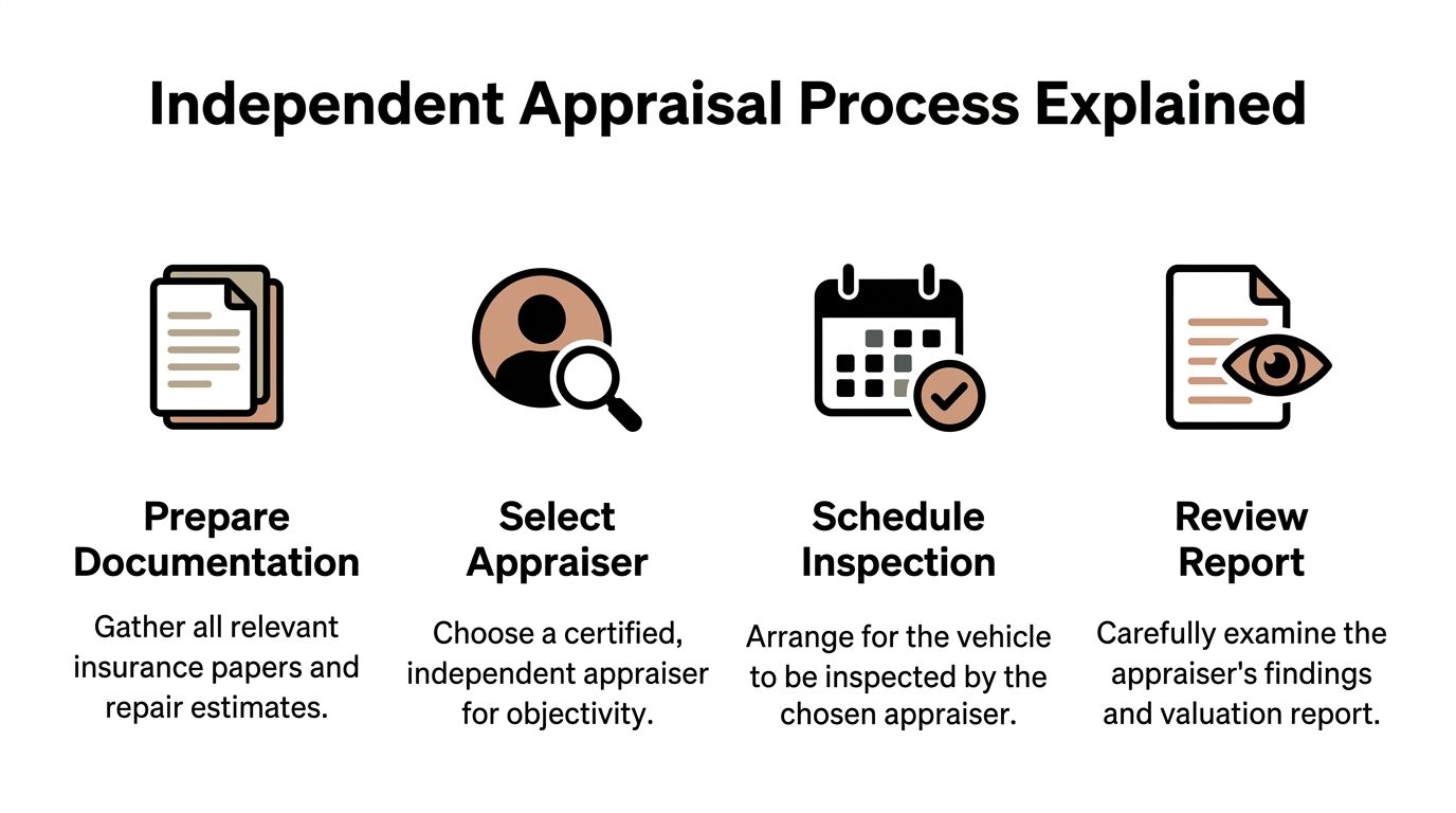 A four-step infographic illustrating the independent appraisal process for vehicle insurance claims and valuation reports.