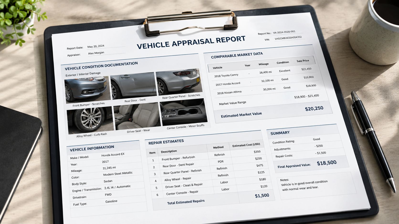 A professional vehicle appraisal report on a clipboard showing damage documentation, repair estimates, and market valuation data.