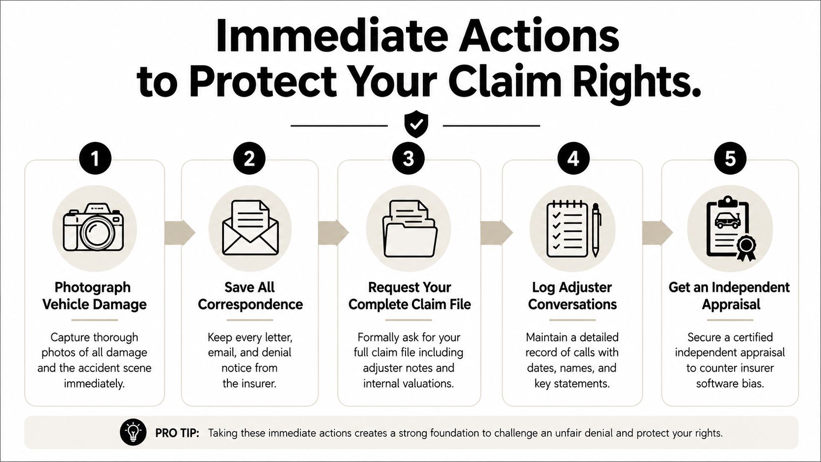 An infographic showing five immediate steps to take to protect your rights after an insurance claim denial.