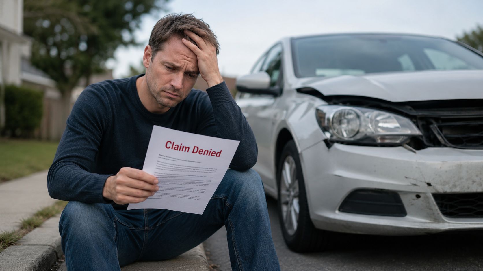 A distressed man sitting on the curb by his damaged car, holding a document marked claim denied.