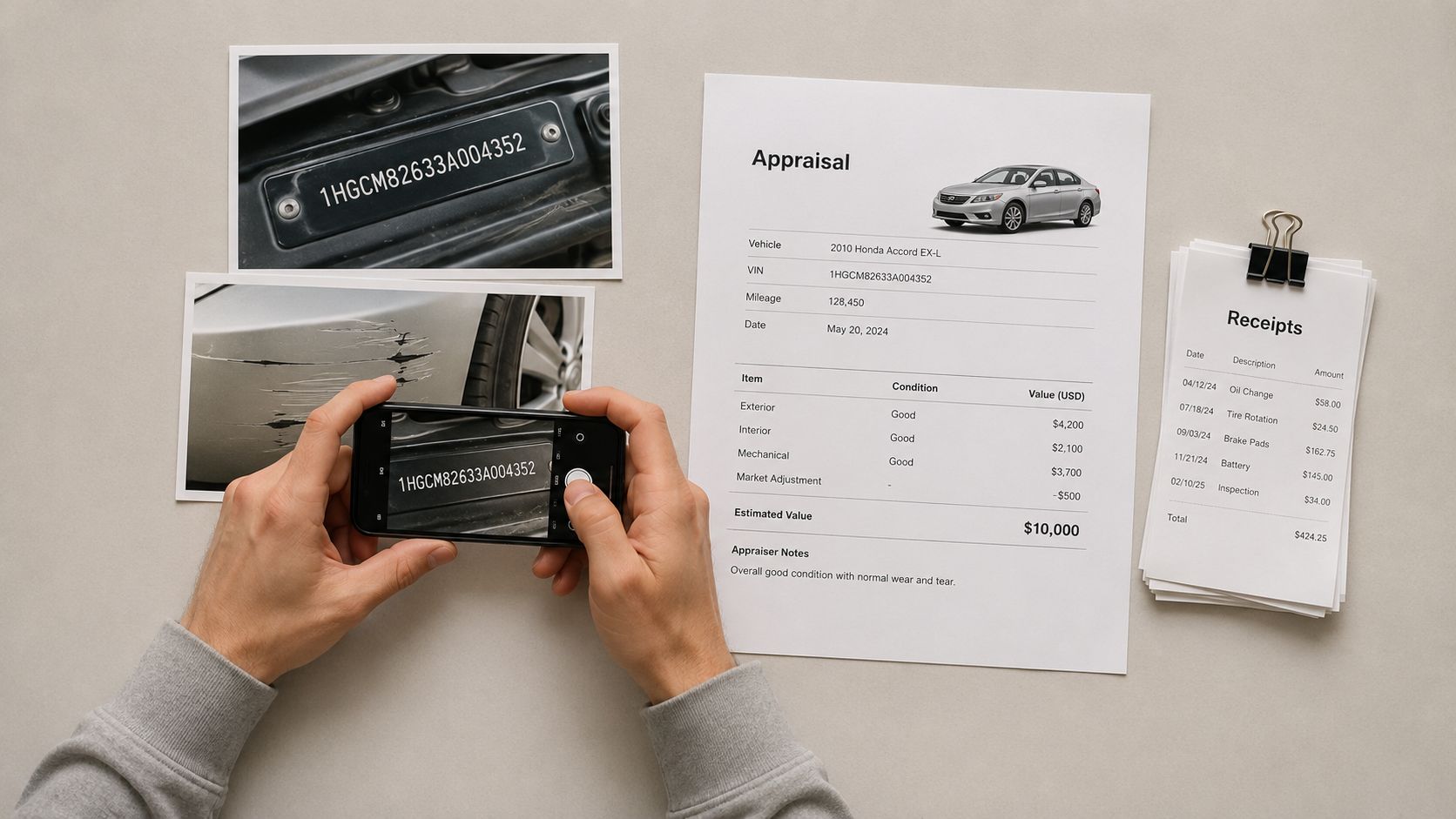 A person holding a smartphone to scan a car VIN plate next to vehicle appraisal documentation.