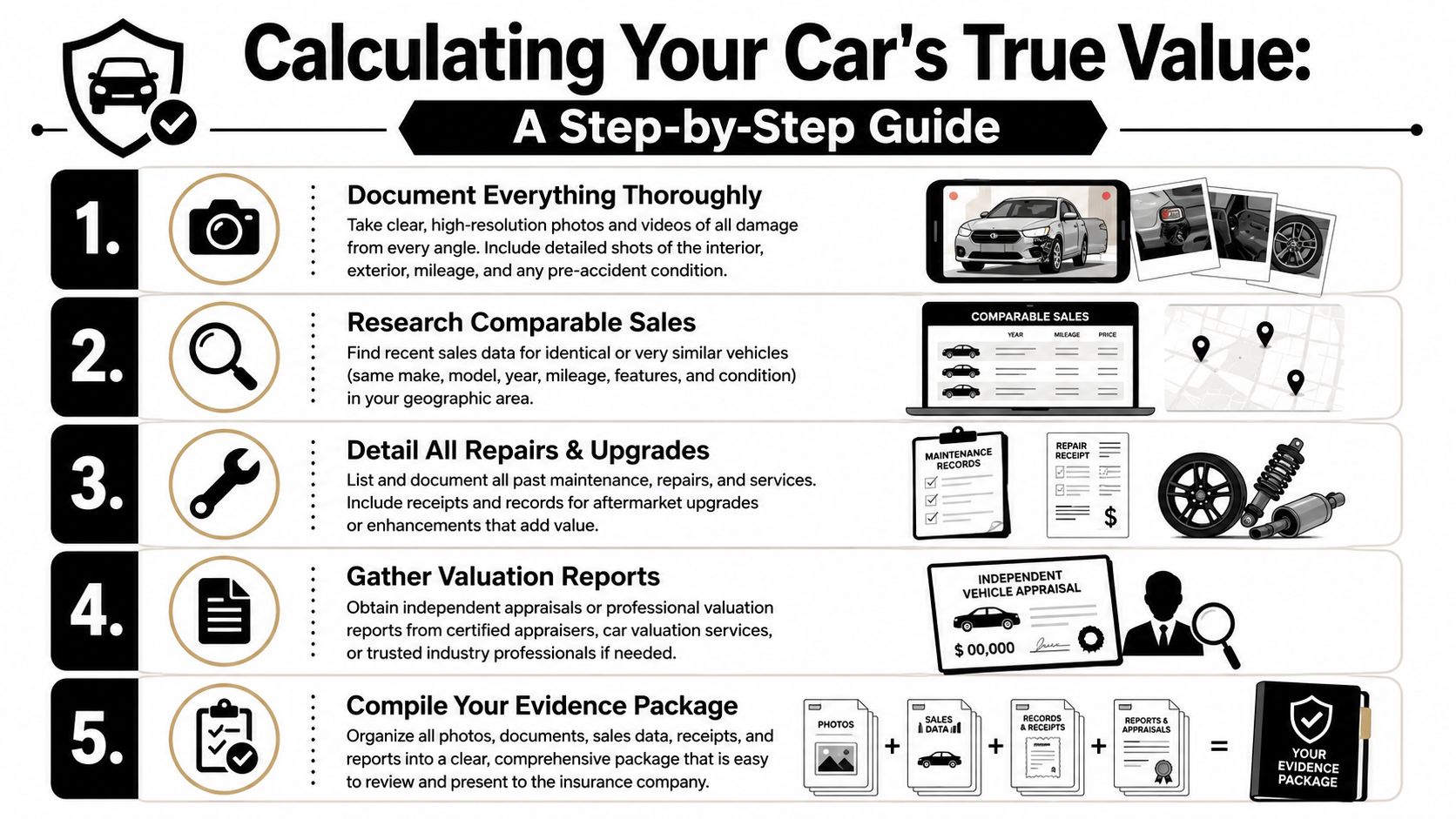A five-step infographic guide on how to calculate and document your car's true value for insurance claims.