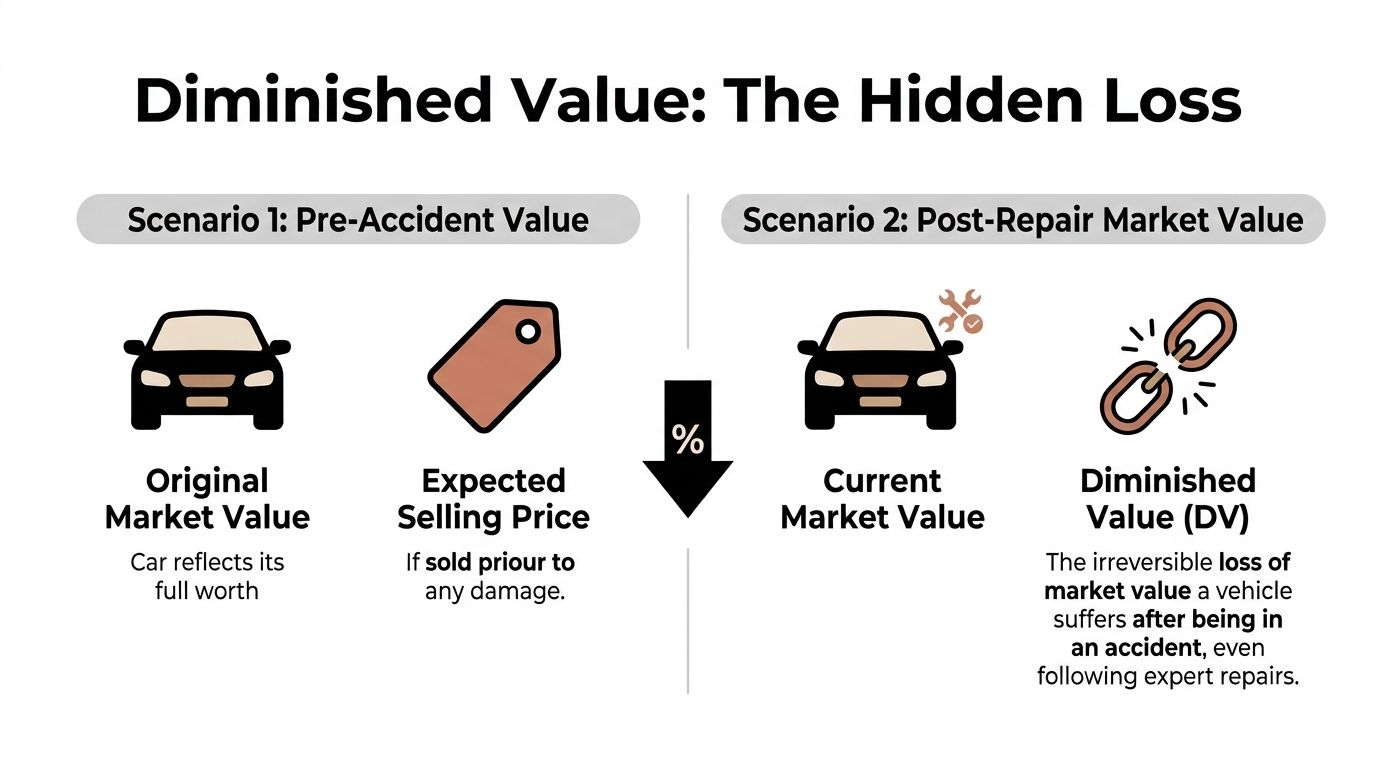 A diagram explaining diminished value as the loss in a car's market value following an accident.