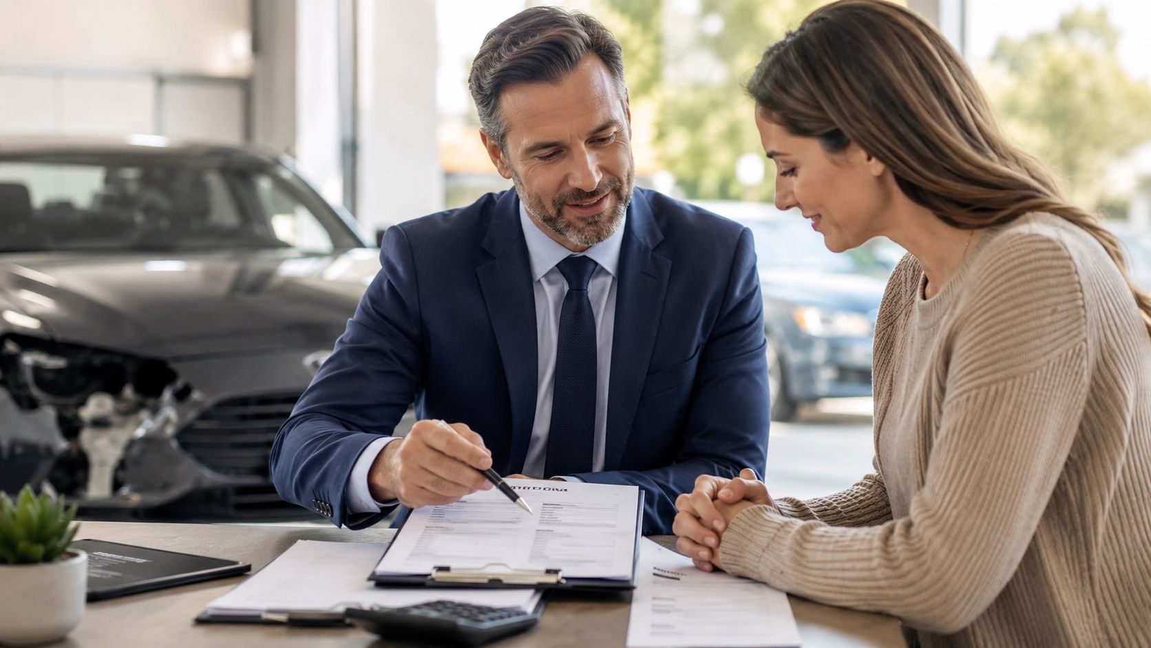 A professional insurance agent explains vehicle claim documents to a female customer in a car dealership office.