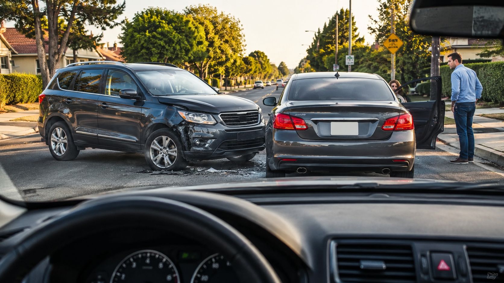 A man stands outside his damaged car on a suburban road following a minor vehicle collision.