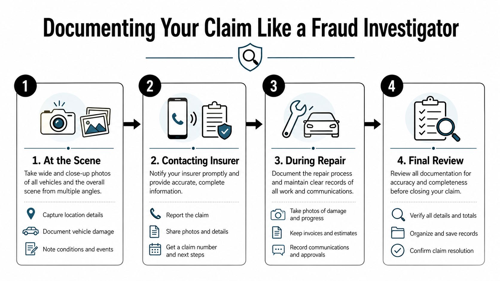 A step-by-step infographic titled Documenting Your Claim Like a Fraud Investigator with four numbered steps.