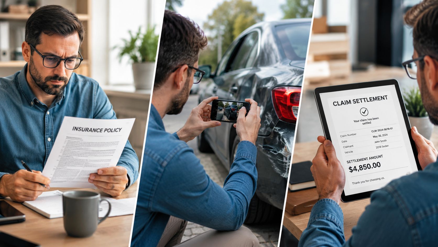A man reviewing insurance documents, photographing car damage, and viewing a digital claim settlement notification on a tablet.