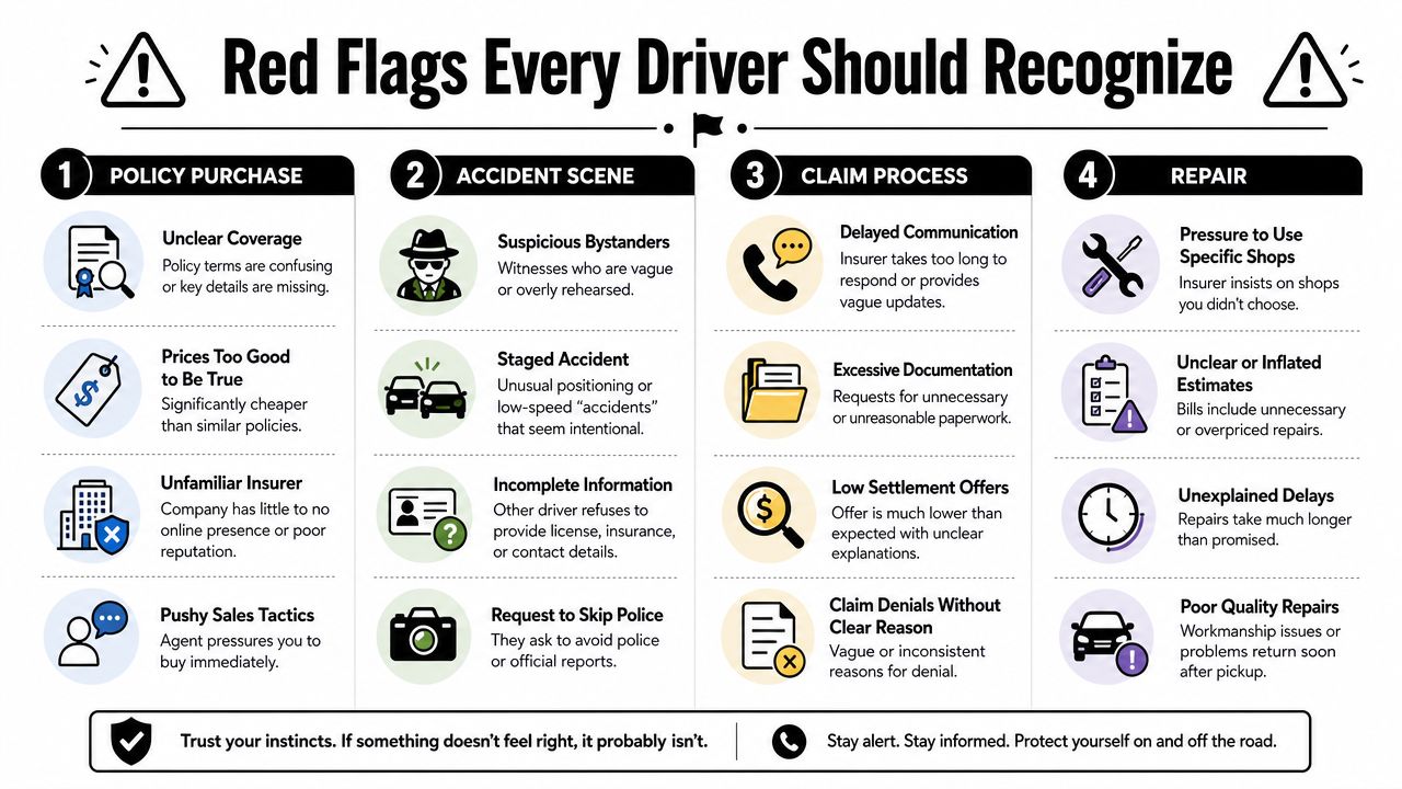 An infographic detailing red flags for drivers across policy purchase, accident scenes, claims processes, and vehicle repairs.
