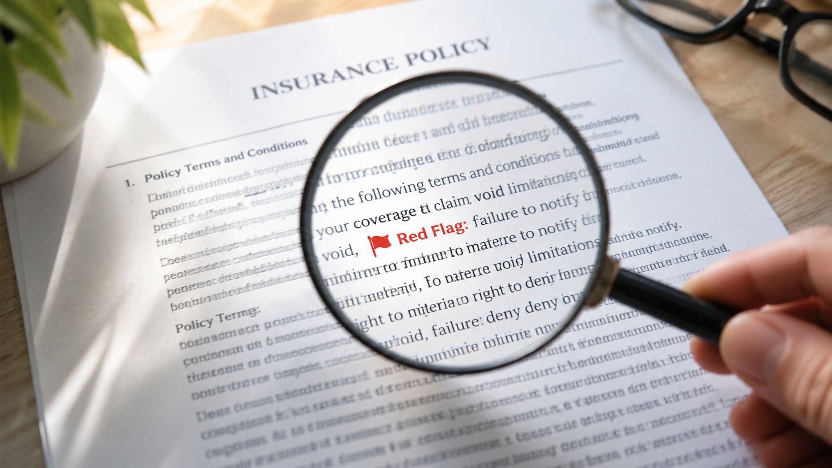 A magnifying glass held over an insurance policy document focusing on a red flag warning text.