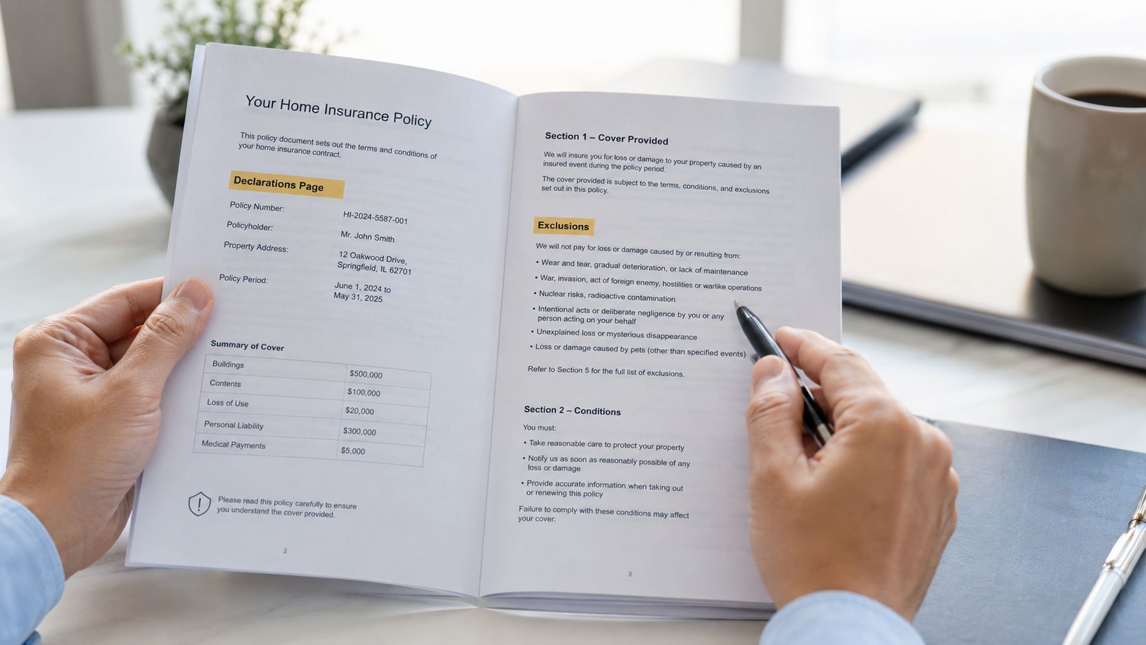 A person reviewing a home insurance policy document while holding a pen at a desk.