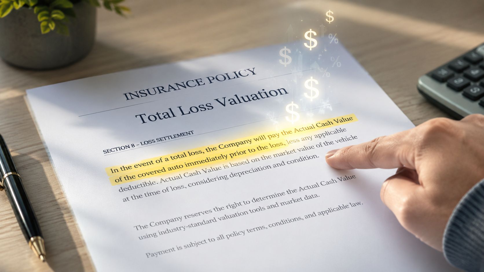 A person reading an insurance policy document regarding total loss vehicle valuation at a desk with a pen.