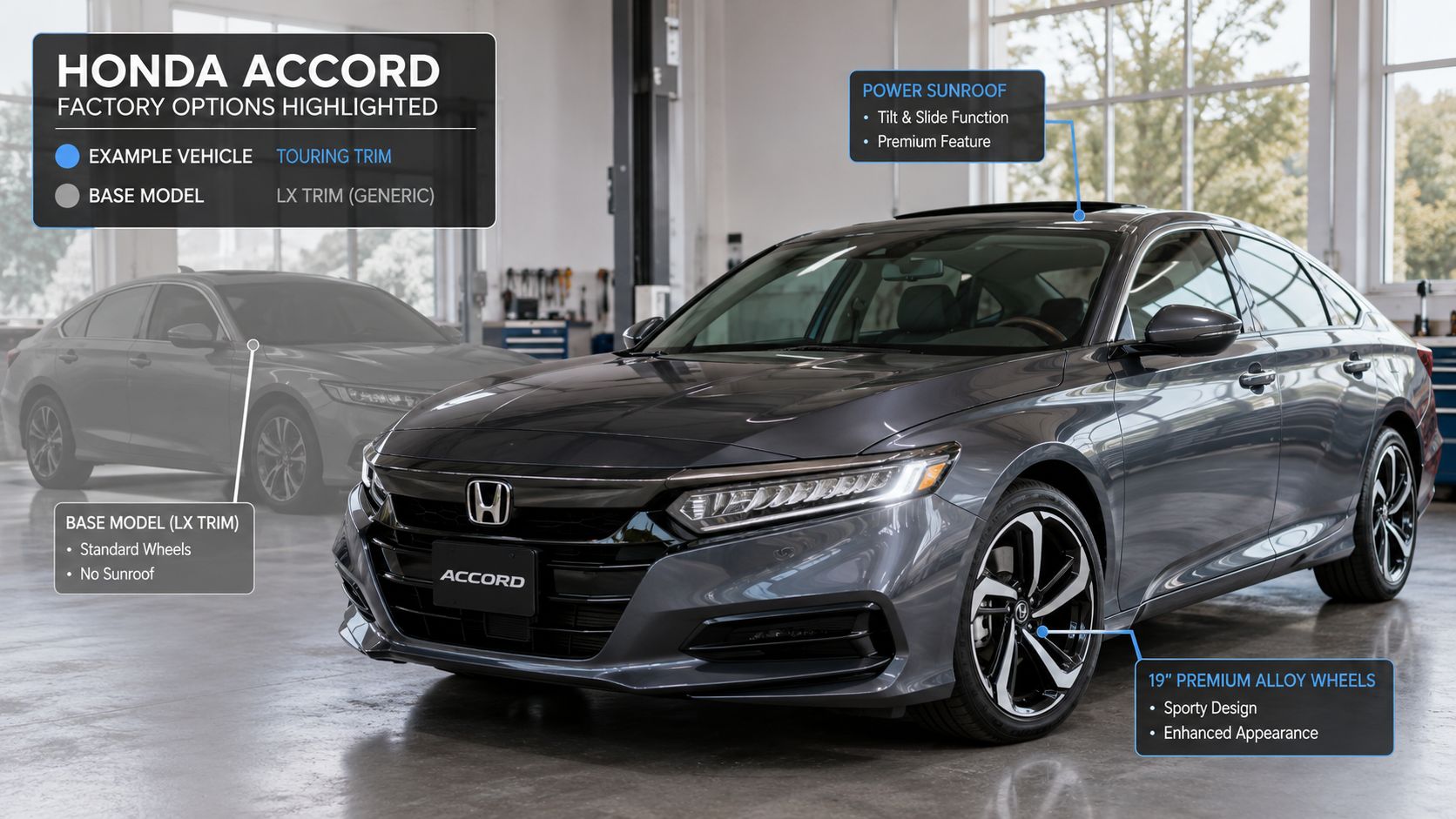 A comparison image showcasing a Honda Accord Touring trim with premium features alongside a generic LX model.
