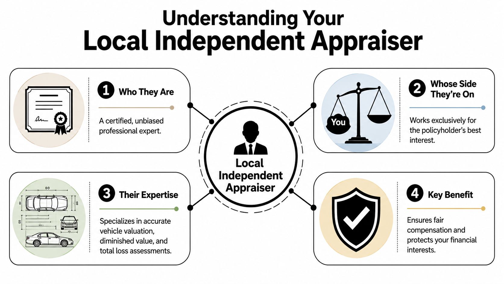 An infographic detailing the role and benefits of a local independent appraiser for vehicle insurance claims.