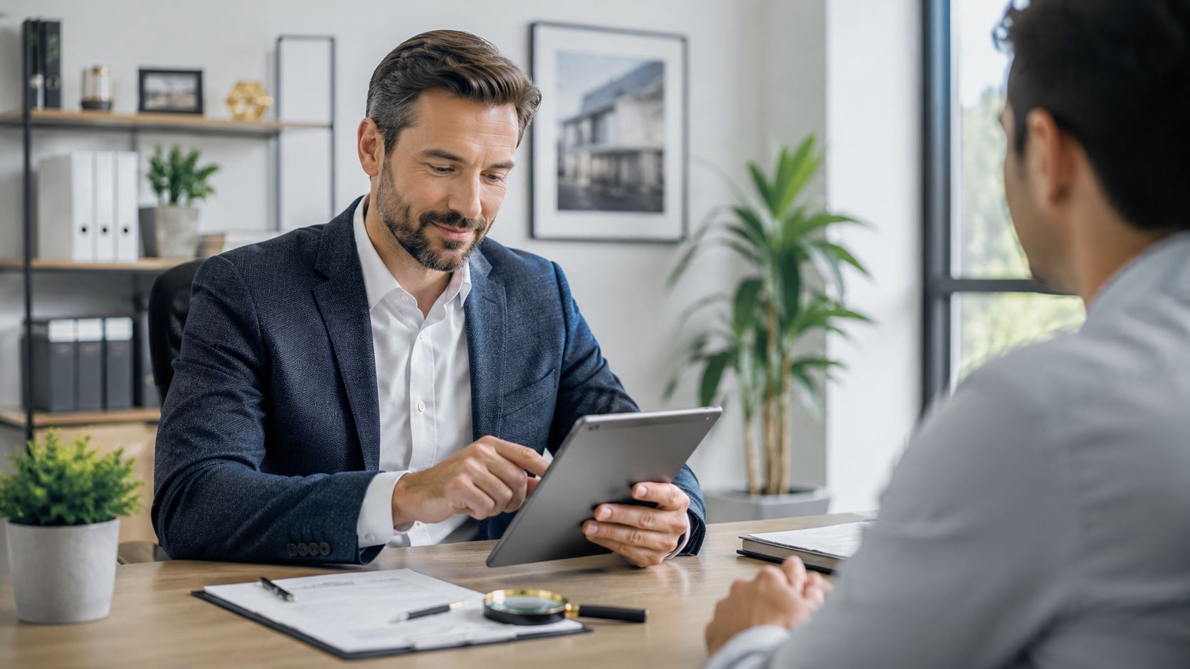 A professional appraiser reviewing data on a tablet while conducting a meeting in a bright office.